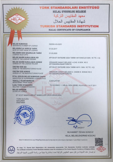 cumhuriyet sucuk helal sertifikası
